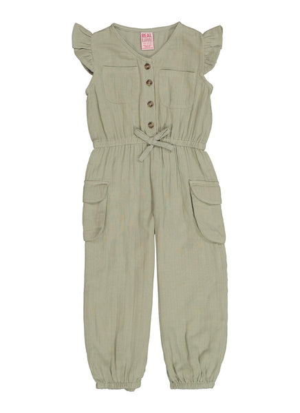 Toddler Cap Sleeves Knit Crew Neck Pocketed Jumpsuit With Ruffles
