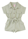 Toddler Short Sleeves Sleeves Linen Pocketed Button Front Belted Collared Tie Waist Waistline Romper