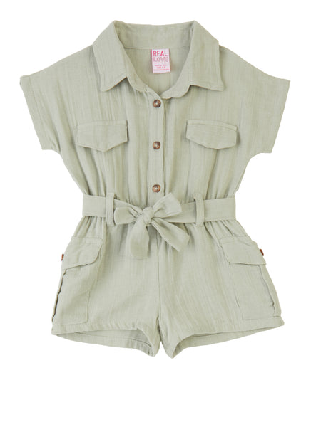 Toddler Collared Linen Button Front Belted Pocketed Tie Waist Waistline Short Sleeves Sleeves Romper