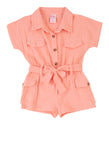 Toddler Linen Short Sleeves Sleeves Collared Tie Waist Waistline Button Front Belted Pocketed Romper