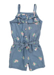 Toddler Tie Waist Waistline Floral Print Denim Belted Button Front Square Neck Sleeveless Romper With Ruffles