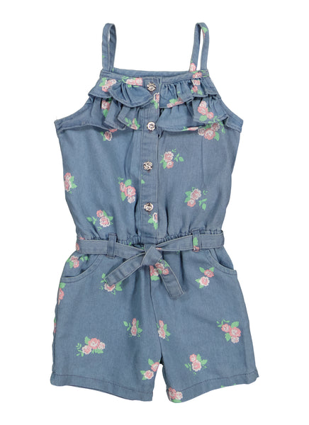 Toddler Denim Tie Waist Waistline Belted Button Front Sleeveless Floral Print Square Neck Romper With Ruffles