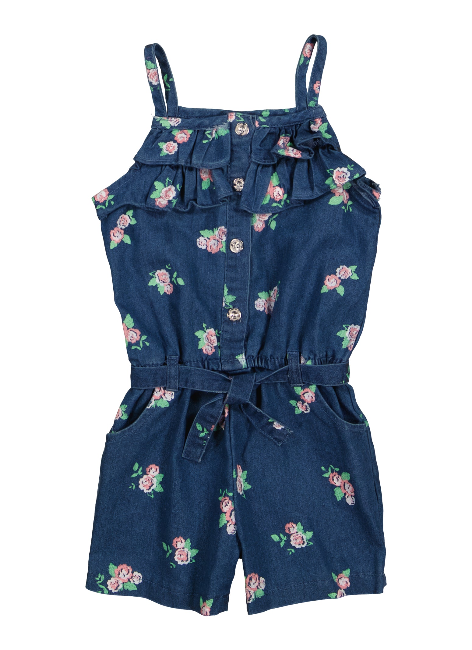 Toddler Girls Denim Floral Print Button Front Romper, Blue,