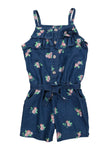 Toddler Sleeveless Floral Print Tie Waist Waistline Denim Square Neck Belted Button Front Romper With Ruffles