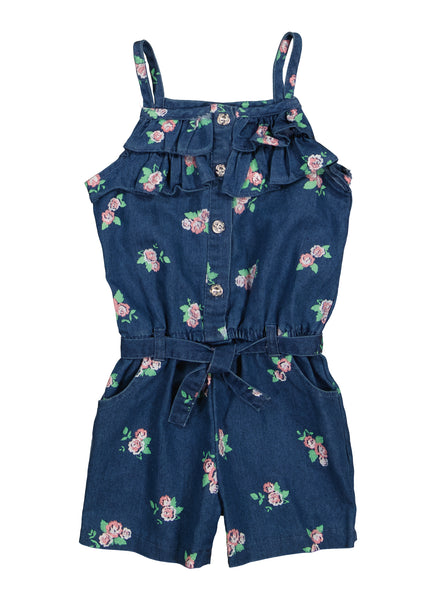 Toddler Belted Button Front Square Neck Denim Sleeveless Floral Print Tie Waist Waistline Romper With Ruffles