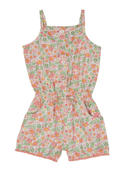 Toddler Sleeveless Button Front Floral Print Twill Square Neck Romper