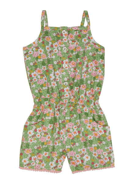 Toddler Twill Sleeveless Button Front Floral Print Square Neck Romper