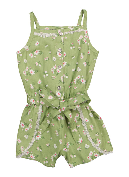 Toddler Belted Button Front Floral Print Tie Waist Waistline Twill Sleeveless Square Neck Romper