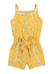 Toddler Floral Print Square Neck Tie Waist Waistline Sleeveless Twill Belted Button Front Romper