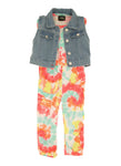 Toddler Denim Crew Neck Flutter Sleeves Sleeveless Tie Dye Print Jumpsuit