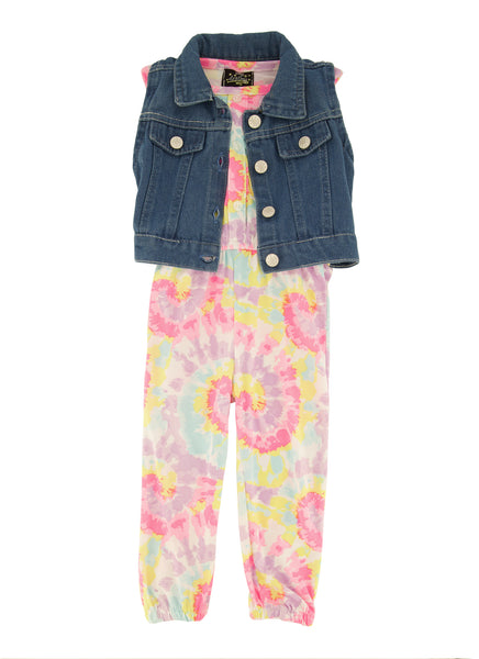 Toddler Crew Neck Denim Tie Dye Print Flutter Sleeves Sleeveless Jumpsuit