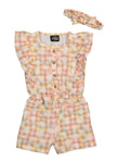 Toddler Floral Plaid Print Crew Neck Cap Flutter Sleeves Button Front Romper With a Bow(s) and Ruffles