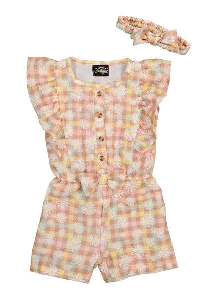 Toddler Crew Neck Button Front Cap Flutter Sleeves Floral Plaid Print Romper With a Bow(s) and Ruffles