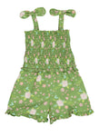 Toddler Smocked Square Neck Floral Print Sleeveless Linen Romper With Ruffles