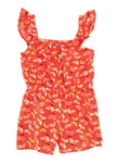 Toddler Animal Floral Print Sleeveless Linen Square Neck Romper With Ruffles