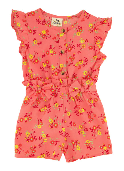 Toddler Crew Neck Cap Sleeves Floral Print Romper With a Bow(s) and Ruffles