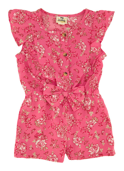 Toddler Floral Print Linen Crew Neck Cap Sleeves Romper With a Bow(s) and Ruffles
