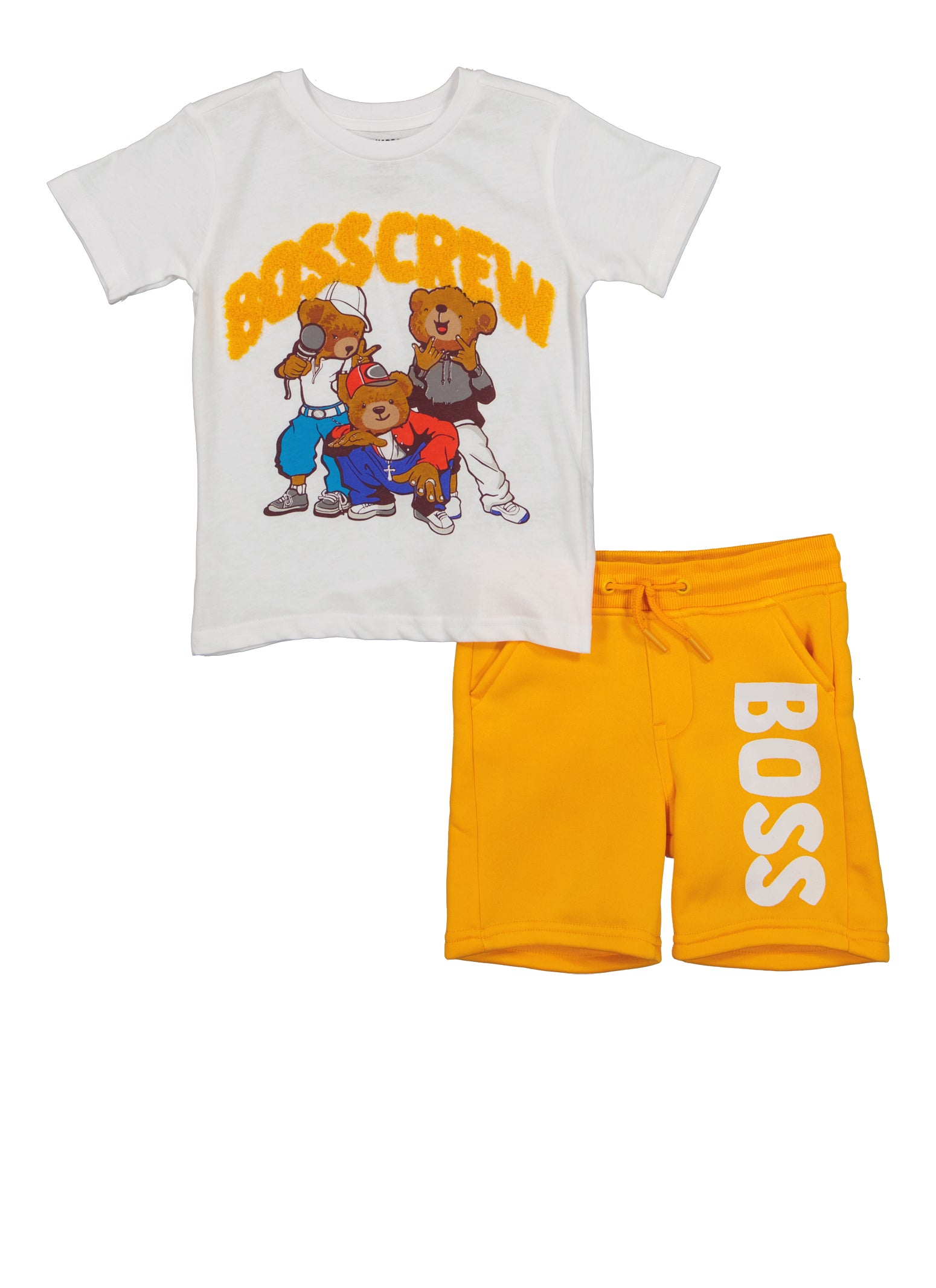 Toddler Boys Boss Crew Chenille Graphic Patch Tee and Shorts, Yellow, Size 2T