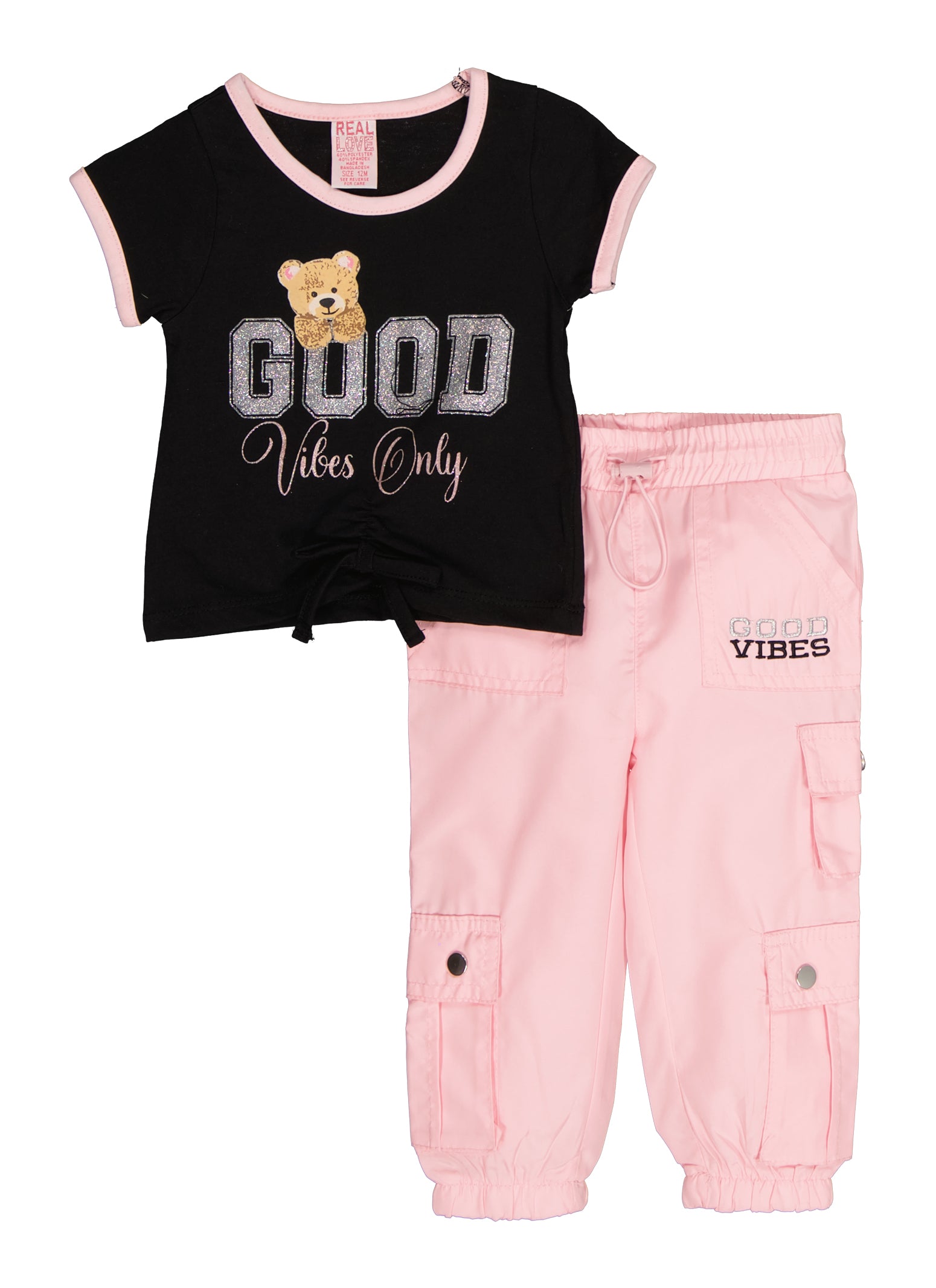 Baby Girls 12-24M Good Vibes Only Glitter Graphic Tee and Cargo Pants, Black, Size 12M