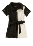 Toddler Tie Waist Waistline Belted Colorblocking Snap Closure Collared Twill Short Sleeves Sleeves Romper