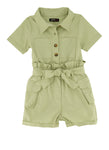 Toddler Poplin Short Sleeves Sleeves Belted Pocketed Button Front Collared Tie Waist Waistline Romper