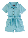 Toddler Tie Waist Waistline Collared Poplin Short Sleeves Sleeves Pocketed Button Front Belted Romper