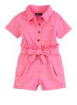 Toddler Collared Tie Waist Waistline Short Sleeves Sleeves Poplin Button Front Belted Pocketed Romper