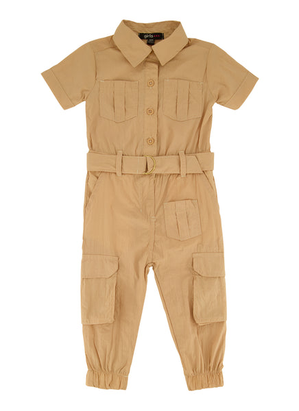 Toddler Belted Pocketed Short Sleeves Sleeves Collared Nylon Jumpsuit