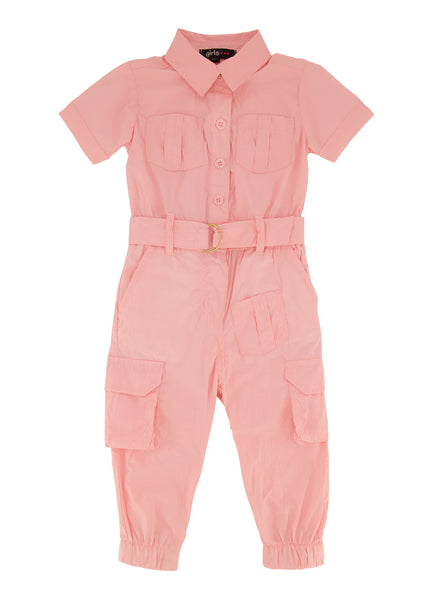 Toddler Collared Short Sleeves Sleeves Belted Pocketed Nylon Jumpsuit