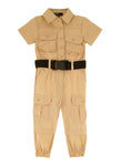 Toddler Collared Pocketed Belted Short Sleeves Sleeves Nylon Jumpsuit