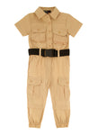 Toddler Nylon Collared Short Sleeves Sleeves Pocketed Belted Jumpsuit