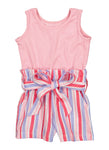 Toddler Crew Neck Striped Print Snap Closure Belted Ribbed Sleeveless Tie Waist Waistline Knit Romper