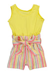Toddler Tie Waist Waistline Knit Sleeveless Striped Print Crew Neck Snap Closure Ribbed Belted Romper