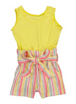 Toddler Sleeveless Tie Waist Waistline Crew Neck Striped Print Knit Belted Snap Closure Ribbed Romper