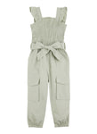 Toddler Sleeveless Tie Waist Waistline Poplin Smocked Square Neck Pocketed Belted Jumpsuit