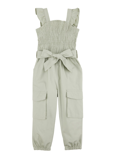 Toddler Tie Waist Waistline Poplin Sleeveless Belted Pocketed Smocked Square Neck Jumpsuit