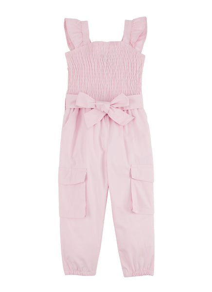 Toddler Tie Waist Waistline Sleeveless Belted Pocketed Poplin Smocked Square Neck Jumpsuit