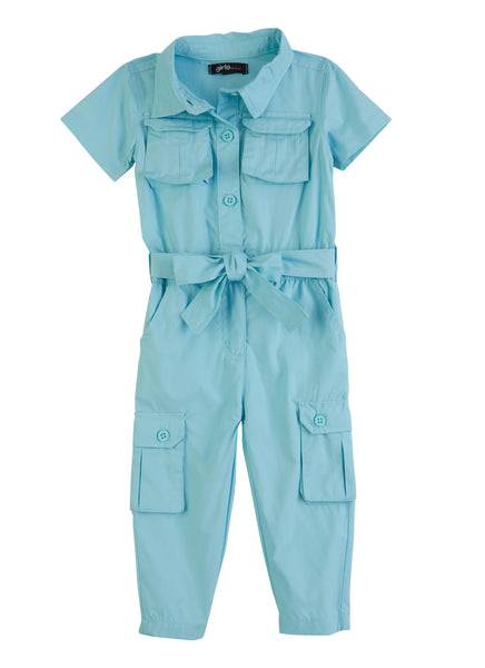 Toddler Short Sleeves Sleeves Collared Poplin Tie Waist Waistline Belted Pocketed Jumpsuit