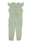 Toddler V-neck Linen Cap Flutter Sleeves Pocketed Jumpsuit