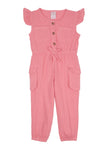 Toddler V-neck Cap Flutter Sleeves Pocketed Linen Jumpsuit