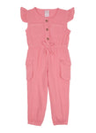 Toddler V-neck Pocketed Linen Cap Flutter Sleeves Jumpsuit