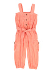 Toddler Sleeveless Tie Waist Waistline Linen Square Neck Pocketed Belted Jumpsuit