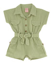 Toddler Short Sleeves Sleeves Linen Tie Waist Waistline Belted Snap Closure Button Front Collared Romper