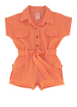 Toddler Tie Waist Waistline Linen Short Sleeves Sleeves Collared Button Front Belted Snap Closure Romper