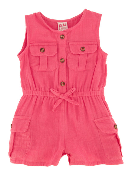 Toddler Crew Neck Knit Sleeveless Pocketed Button Front Romper