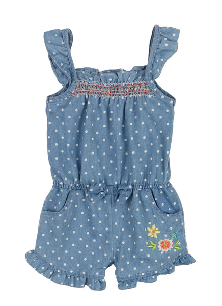 Toddler Polka Dots Print Denim Sleeveless Scoop Neck Romper With Ruffles