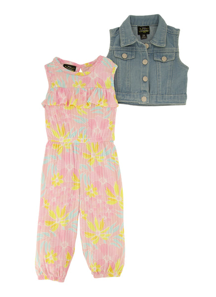 Toddler Floral Print Crew Neck Keyhole Ribbed Sleeveless Jumpsuit With Ruffles