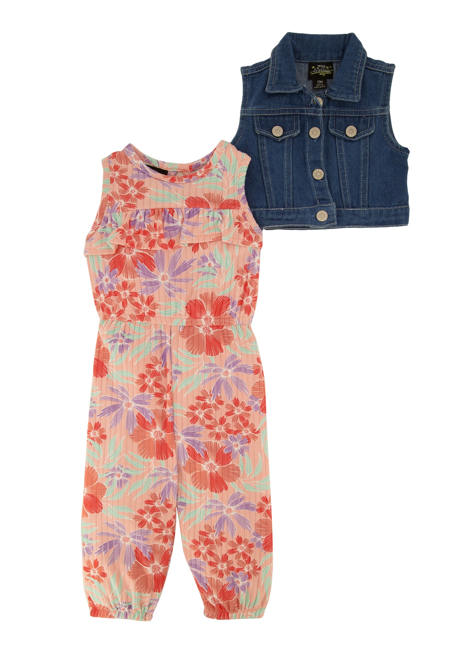 Baby Girls 12-24M Floral Print Jumpsuit with Denim Vest, Multi, Size 12M