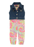 Toddler Tie Dye Print Crew Neck Snap Closure Sleeveless Denim Jumpsuit