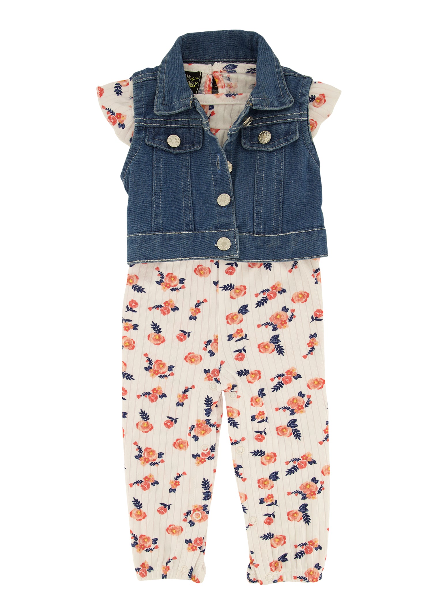 Baby Girls 12-24M Ribbed Floral Print Jumpsuit with Denim Vest, White, Size 18M